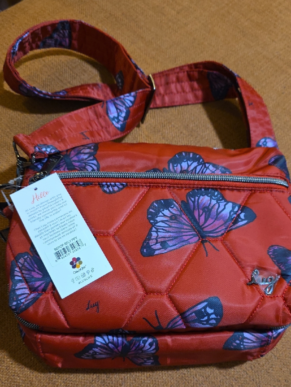 lug Red Crossbody Bag with Purple Butterfly Print